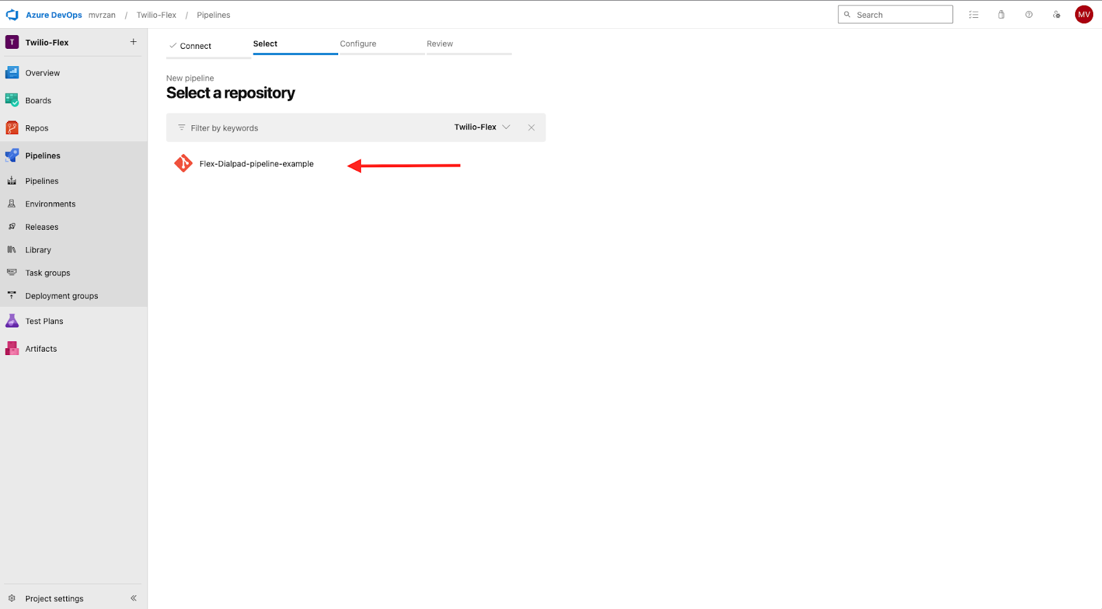 An image of the "Select a repository" in Azure DevOps with red arrow to the imported code.