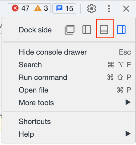 Icon to dock the debugging tools and console to the bottom in Chrome