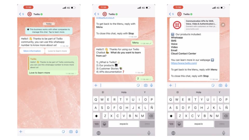 3 capturas de pantalla que muestran un bot de Twilio Studio en WhatsApp