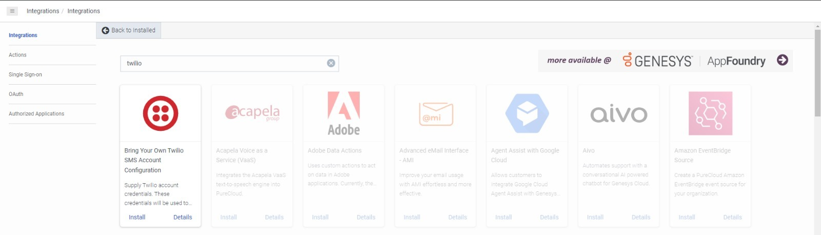Bring Your Own SMS tile for Twilio in Genesys Cloud