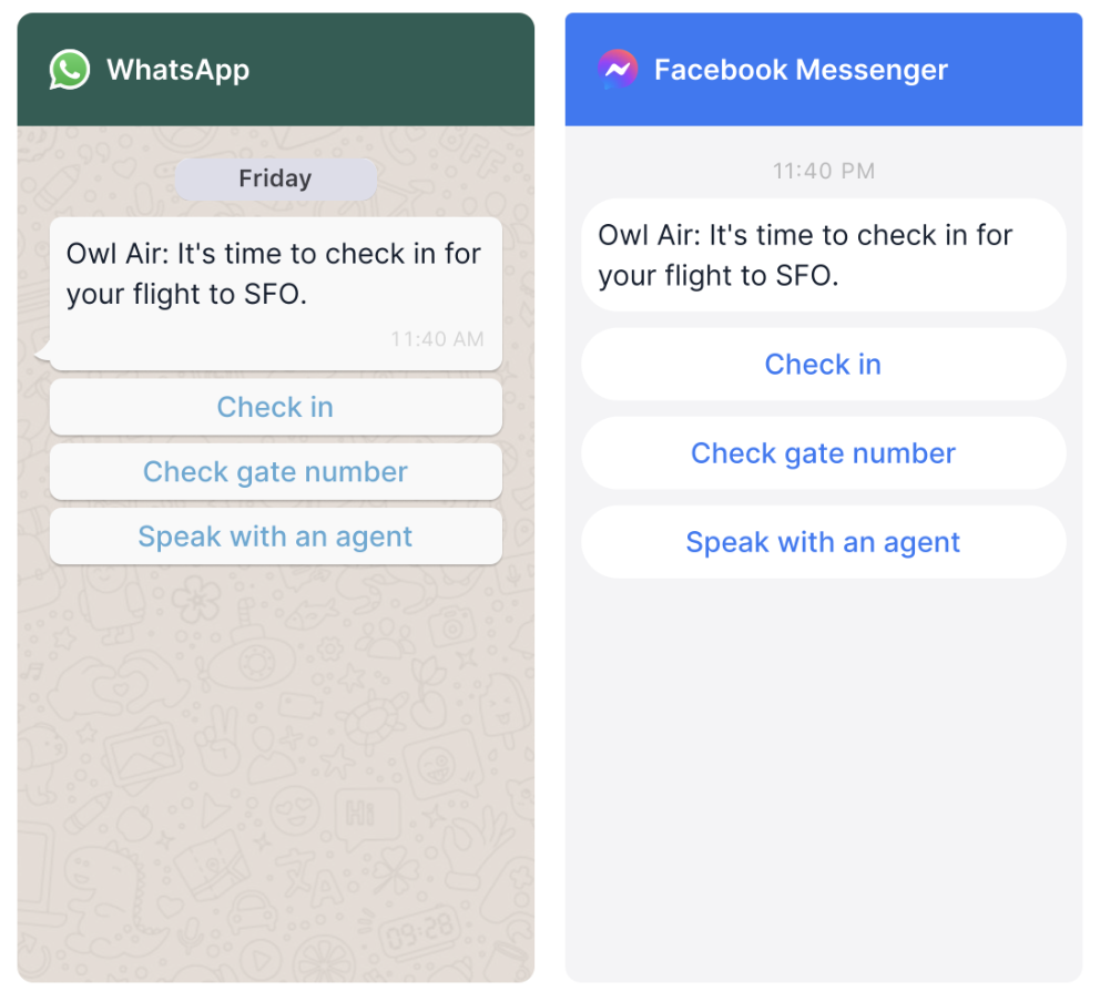 Screenshots of WhatsApp and Facebook Messenger messages with Buttons