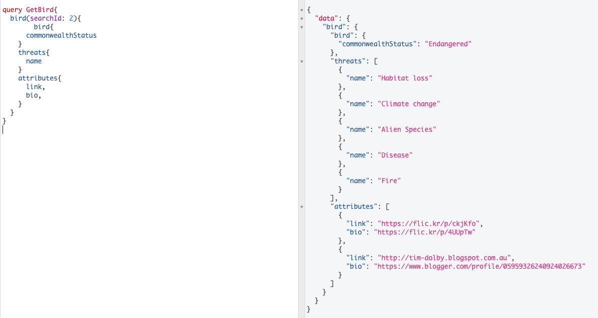 The GraphiQL interface with a query to find a bird by id in the left-hand side query pane and the response to that query in the results pane on the right hand side.