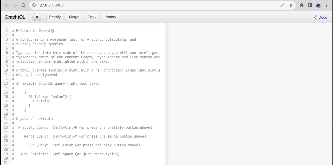 The GraphiQL interface rendered in the browser. There are two panes within the interface. The left allows for queries to be entered and run. The right will show the results of the query.