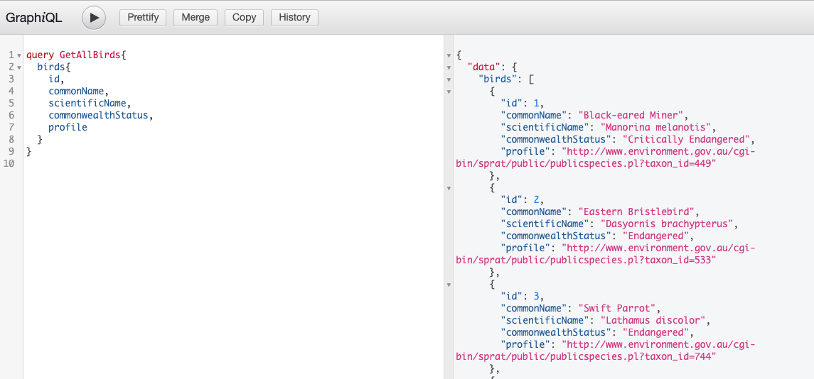 The GraphiQL interface with a query to get all birds in the left-hand side query pane and the response to that query in the results pane on the right hand side.