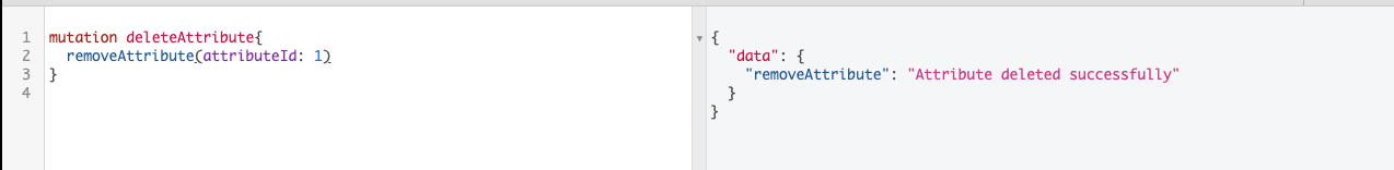 The GraphiQL interface with a mutation to delete an attribute in the left-hand side query pane and the response to that query in the results pane on the right hand side.