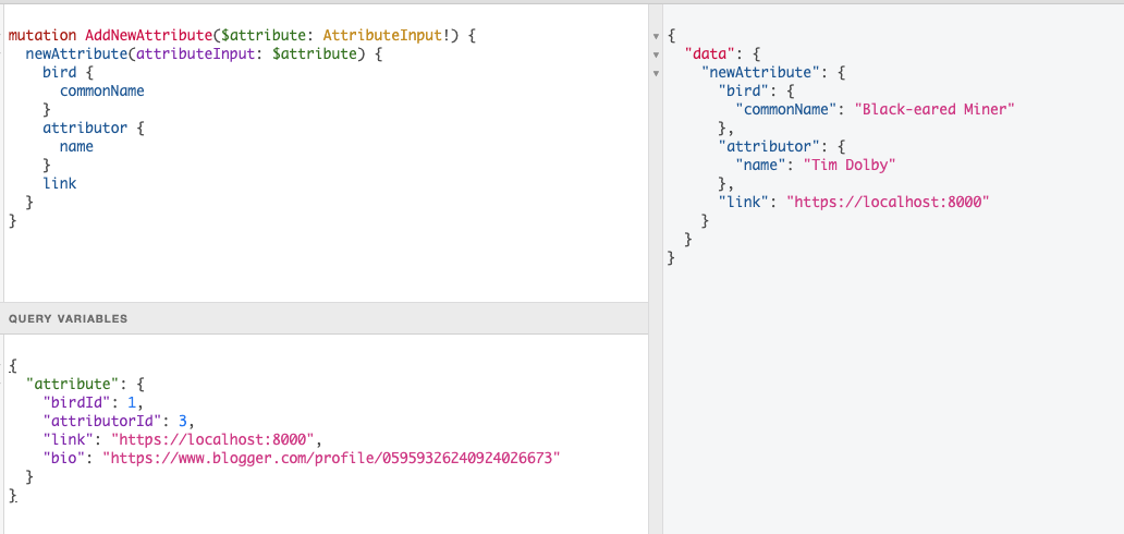 The GraphiQL interface with a query to add a new Mutation attribute in the left-hand side query pane, and query variables in a panel underneath that, along with the response to the query in the results pane on the right hand side.