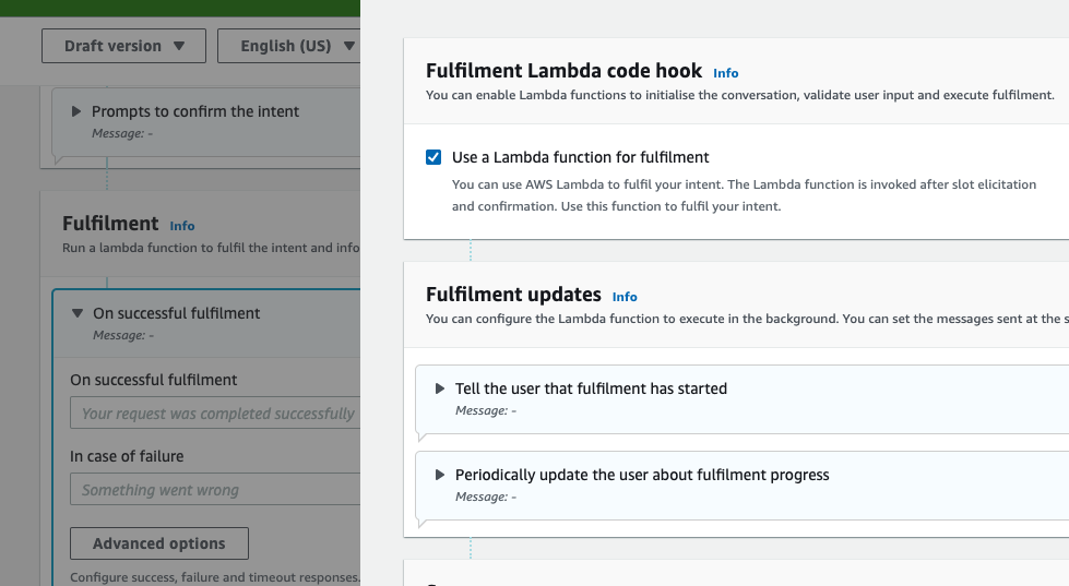 Fulfilment advanced options pane is open and showing Use a Lambda function for fulfilment checkbox ticked