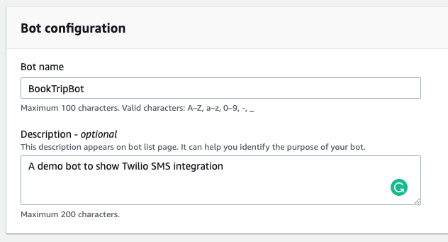 Bot configuration showing BookTripBot entered as the bot name