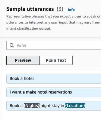 Sample utterances showing the pre-defined utterances for the BookHotel intent
