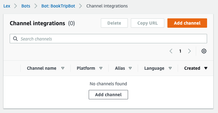 Channel integrations list showing an empty list and a Add channel button