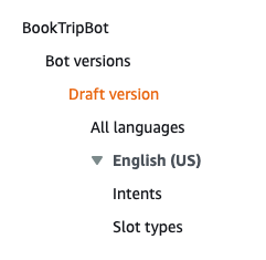 Bot language details showing intents and slot types links