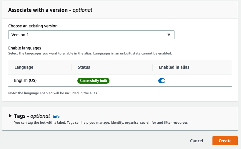 Associate with a version section showing Version selected, English (US) is Enabled in alias and a Create button at the bottom