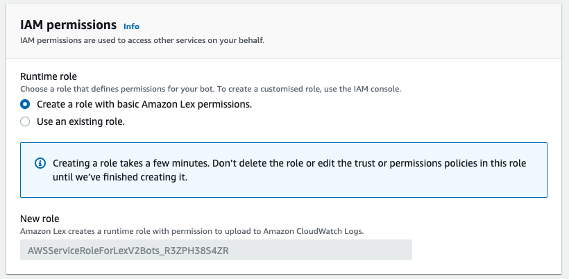 IAM permissions showing Create a role with basic Amazon Lex permissions selected and a role name generated automatically and shown in the read-only New role field