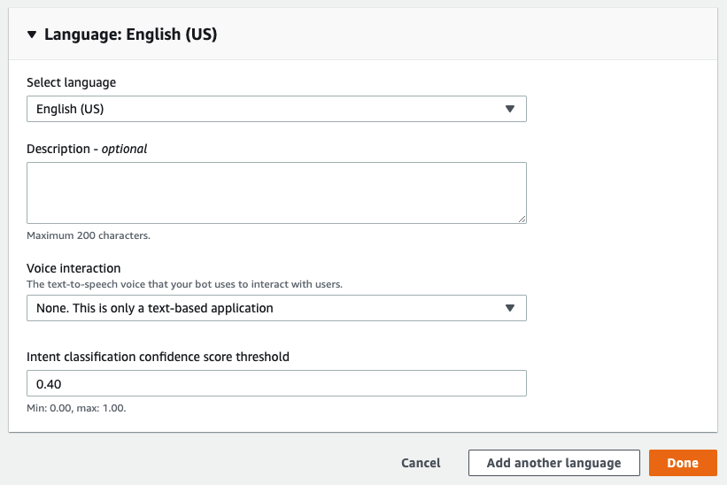 Add language to bot page showing English (US) as selected language, voice interaction set to "None. This is only a text-based application" and intent classification confidence score threshold left at its default (0.40)