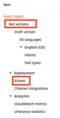 Left navigation menu showing a Bot versions link and Aliases link.