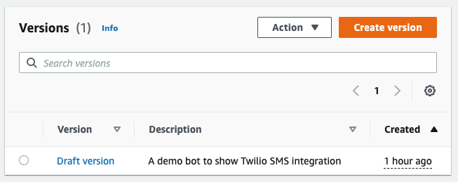 Bot versions page showing the draft version in the list and a Create version button on top