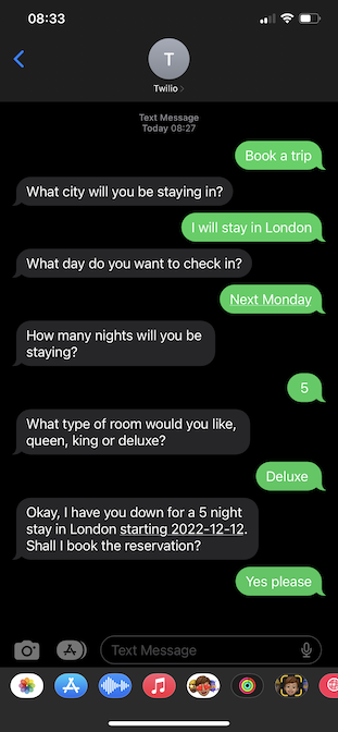 Phone screenshot showing an example conversation with the bot