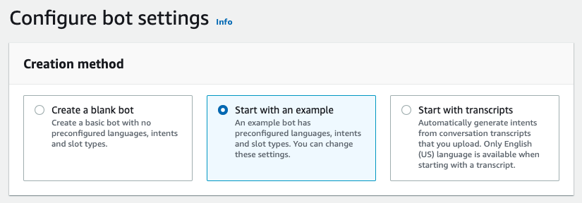 Configure bot settings page showing Start with an example option selected