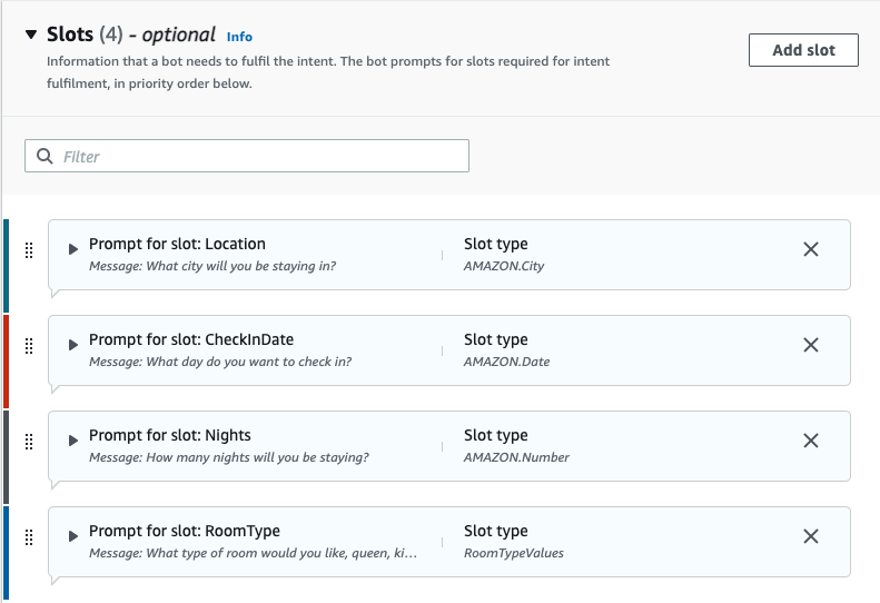 Slots section showing pre-defined slots: Location, CheckInDate, Nights and RoomType