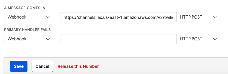 Twilio Console showing webhook settings with the Lex callback URL pasted and a Save button at the bottom