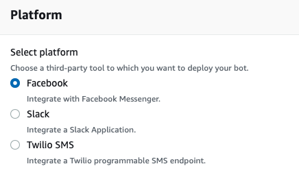 Platform list showing Facebook (selected by default), Slack and Twilio SMS