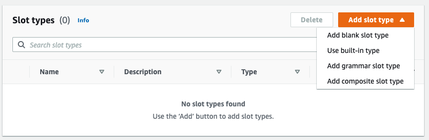 Slot types section showing Add slot type button clicked and a list of options displayed. Add blank slot type link is to be clicked.