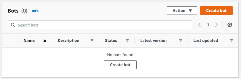 Lex dashboard showing existing bots and a Create bot button