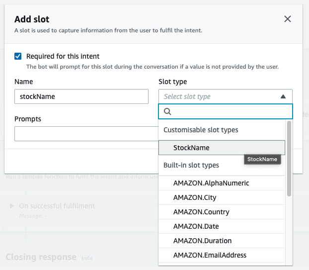 Add slot dialog showing stockName entered in the Name field and slot type dropdown list expanded and StockName custom type selected