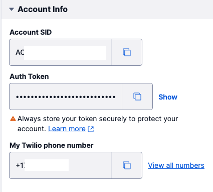 Account info section in Twilio Console showing the AccountSID, Authentication Token and Twilio phone number