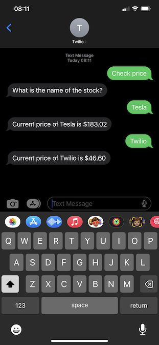 Phone screenshot showing a conversation with the chatbot where the bot returns the stock prices