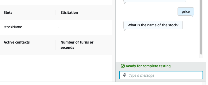 Test dialog showing Lex asking the name of the stock by showing the prompt message.