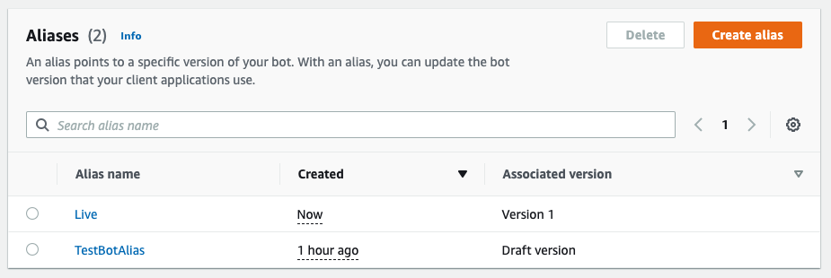 Updated aliases list shows Live alias associated with Version 1