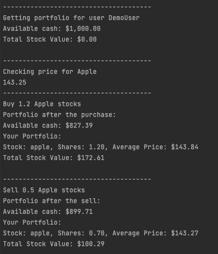 Terminal showing the output of demo application