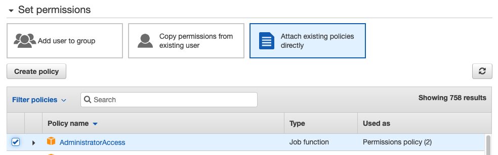 Set permissions page where the user selected the "Attach existing policies directly" tab, and selected the "AdministractorAccess" policy.