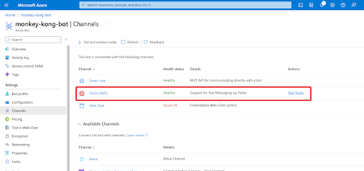 Azure Bot Channel Status