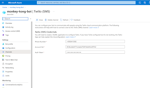 Enter Twilio credentials inside Azure