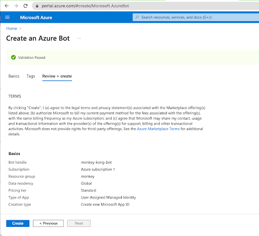 Review the details to create an Azure bot