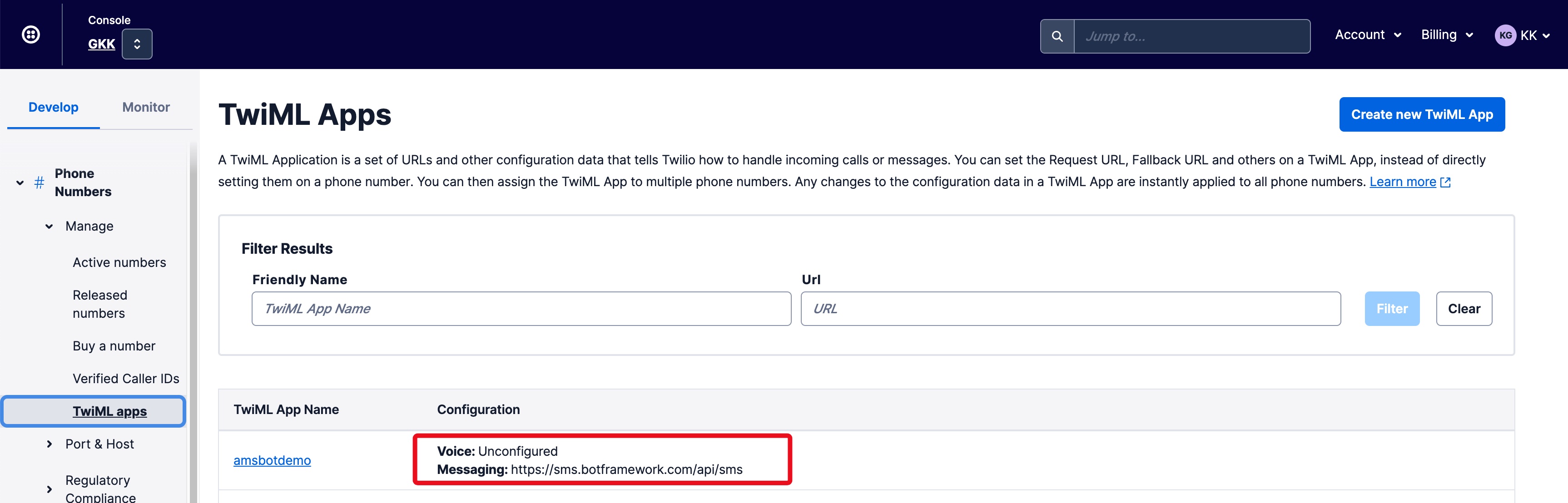 Twilio Console - TwiML App