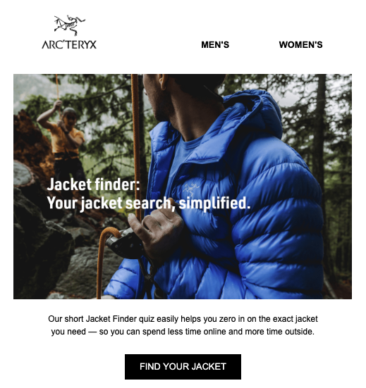 arcteryx email promoting jacket finder quiz