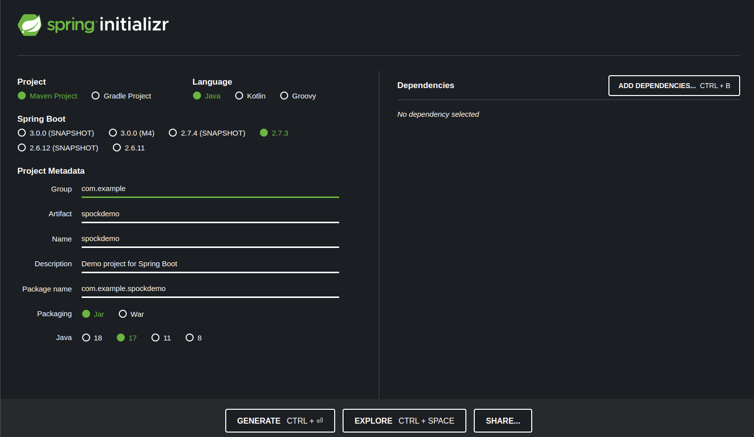 Initial configurations for a demo Spring application using the Spring Initializr tool