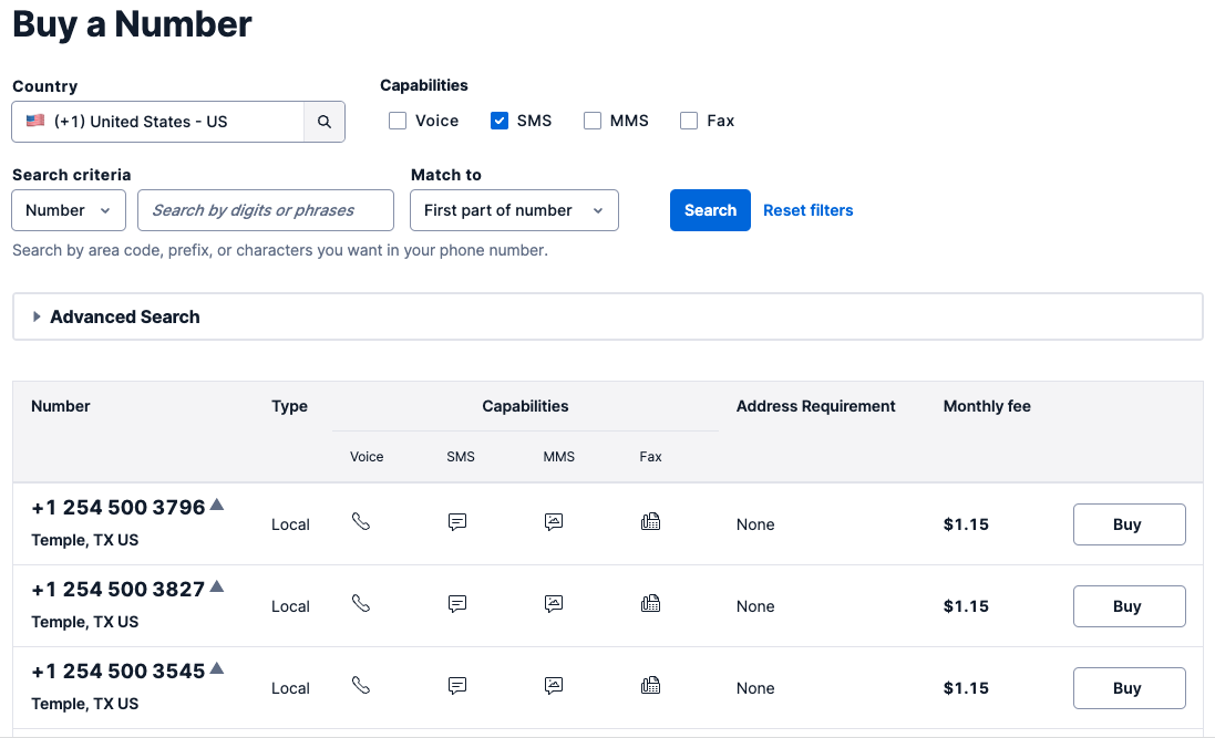 Buy a Twilio phone number