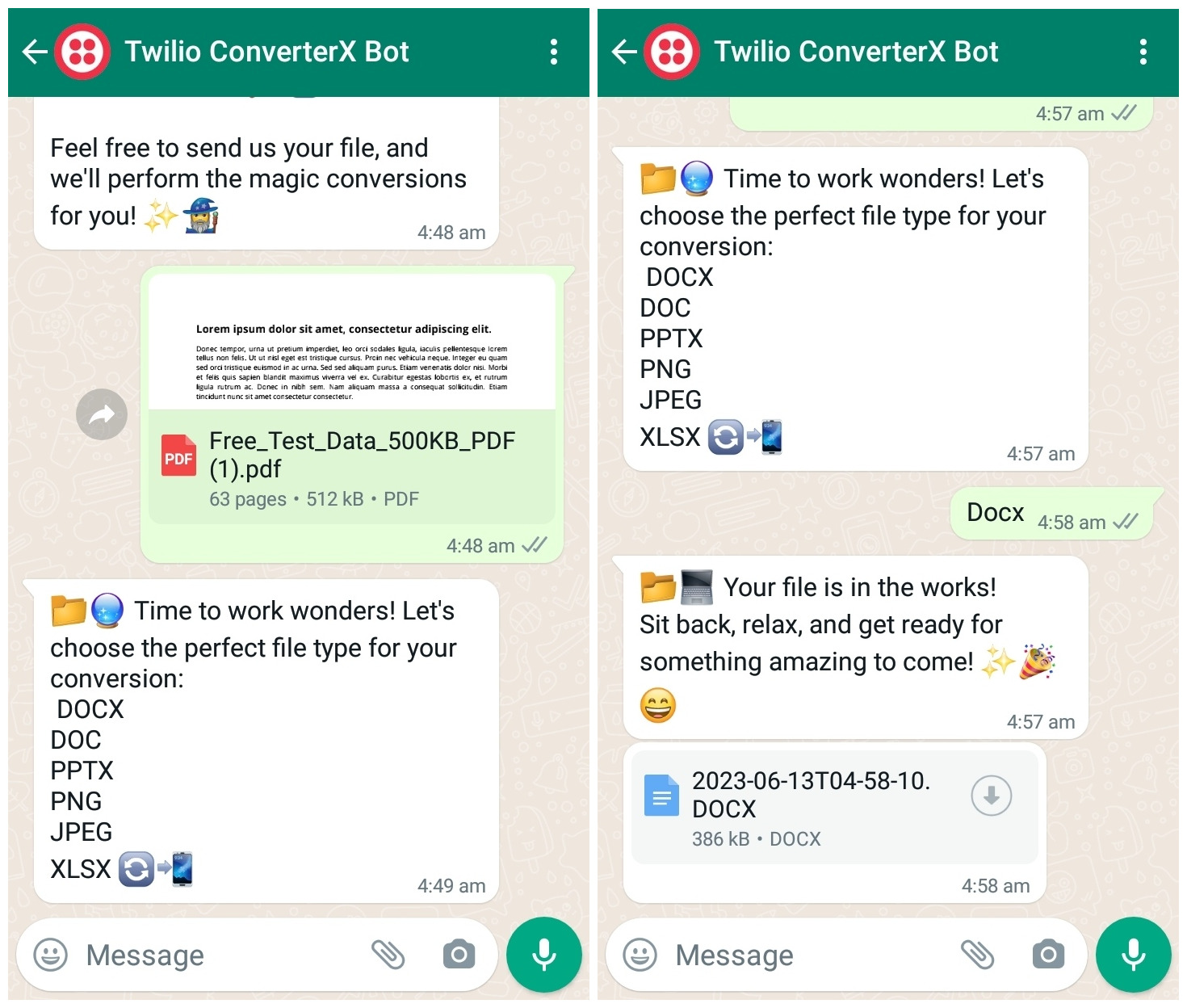 A WhatsApp conversation: A user initiates by sending a PDF file. In response, the chatbot provides a list of file formats to which the PDF can be converted. The user then sends the message "Docx". Subsequently, the bot acknowledges the user's request and informs them that the file conversion is in progress. After some time, the bot sends the converted "Docx" file to the user.