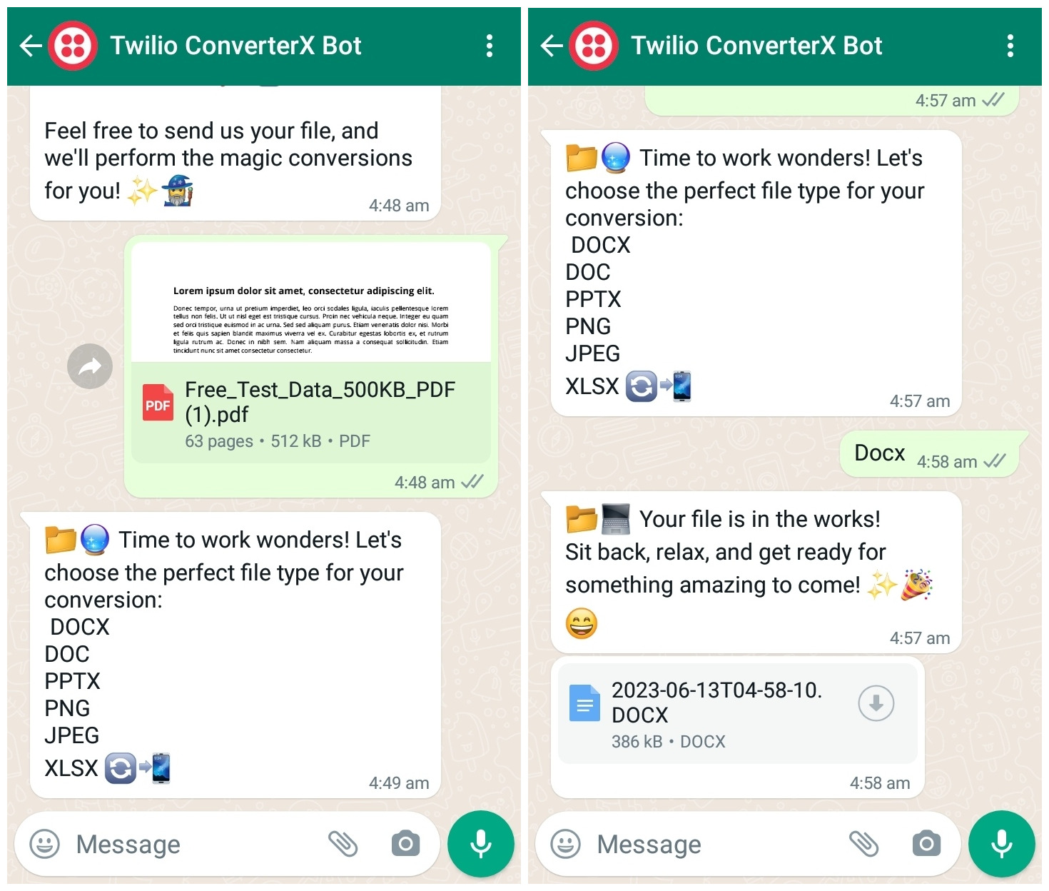 A WhatsApp conversation: A user initiates by sending a PDF file. In response, the chatbot provides a list of file formats to which the PDF can be converted. The user then sends the message "Docx". Subsequently, the bot acknowledges the user&#x27;s request and informs them that the file conversion is in progress. After some time, the bot sends the converted "Docx" file to the user.