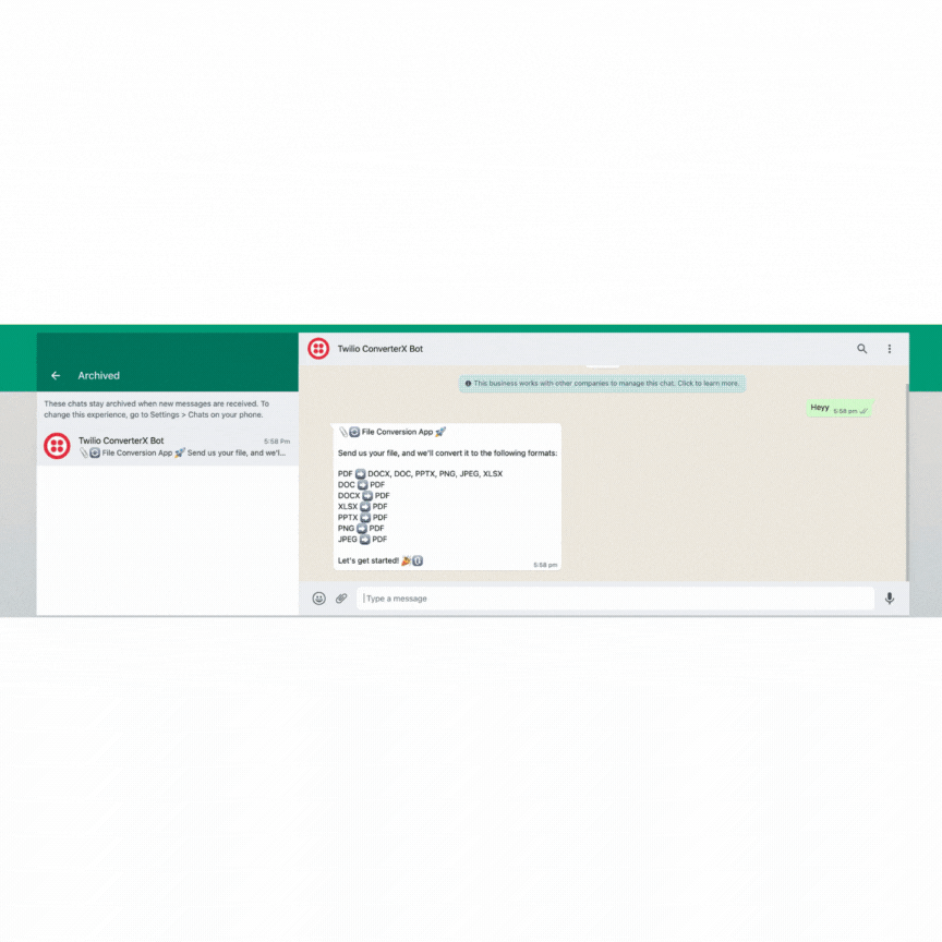 A WhatsApp conversation demonstrating the functionality of a document converter chatbot. A user sends a media file and the chatbot then asks the user to specify the desired format for the conversion. After the user sends the destination format, the chatbot returns the converted media file.