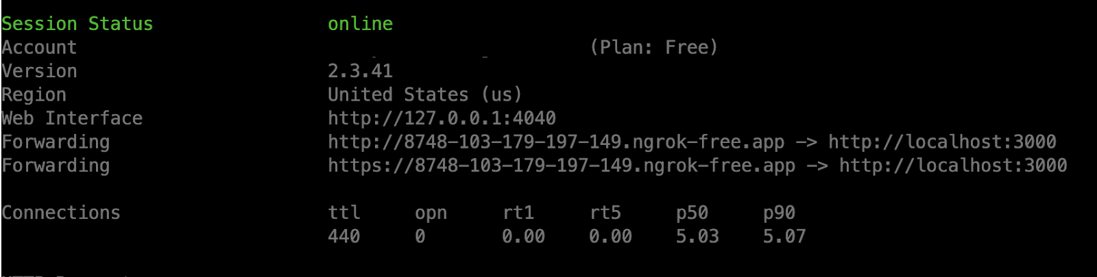 The terminal output of the command "ngrok http 3000". It contains the ngrok public URL which can be used to set the incoming message webhook of Twilio WhatsApp sandbox number.