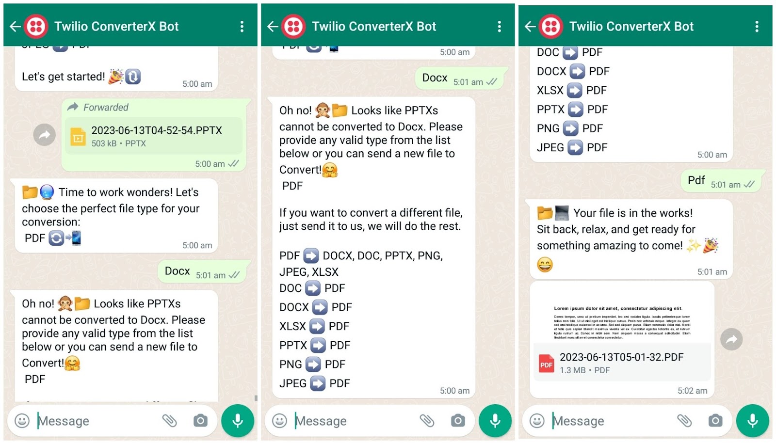 A WhatsApp conversation: A user starts by sending a PPT file. In response, the chatbot provides a list of file formats to which the PPT can be converted, noting that currently, PPTs can only be converted to PDF. The user then sends another WhatsApp message, specifying "Docx." The bot responds, indicating that the requested conversion is unsupported and asks the user to enter a valid format (PDF). The user complies by sending another WhatsApp message, specifying "PDF." The bot acknowledges the user&#x27;s choice and informs them that the file conversion is now in progress. After some time, the bot sends the converted "PDF" file to the user.
