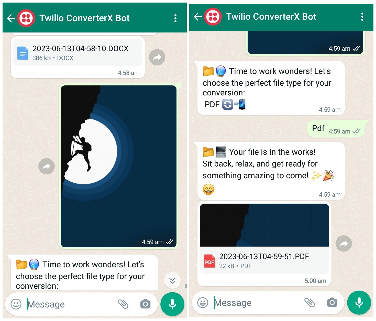 A WhatsApp conversation: A user initiates by sending an image file in PNG format. In response, the chatbot provides a list of file formats to which the PNG image can be converted. The user then sends another WhatsApp message, specifying "PDF." Subsequently, the bot acknowledges the user's request and informs them that the file conversion is in progress. After some time, the bot sends the converted "PDF" file to the user.