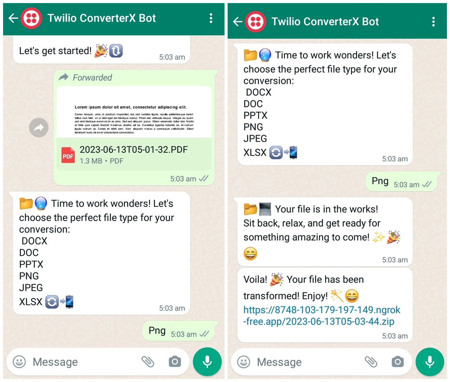 A WhatsApp conversation: A user begins by sending a PDF file. In response, the chatbot provides a list of file formats to which the PDF can be converted. The user then sends another WhatsApp message, specifying "PNG." The bot responds, informing the user that the file conversion is underway. After some time, the bot sends a link to download the converted files in a zip format. This is necessary because the PDFs contain multiple pages, and each page needs to be converted into an image.