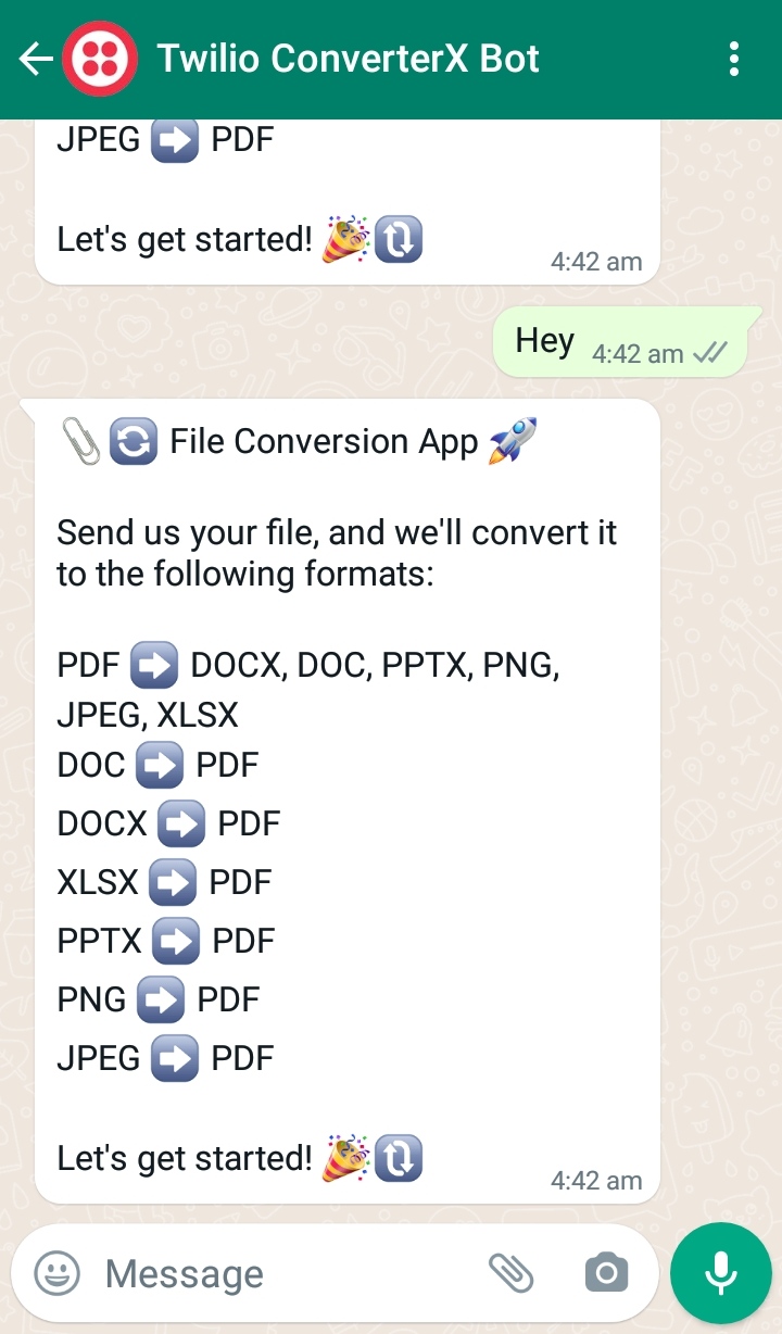 A WhatsApp conversation: An initial message with the greeting "hey" prompts the chatbot to respond, requesting the user to send a file for conversion. Alongside this request, the chatbot provides information about the supported document formats.