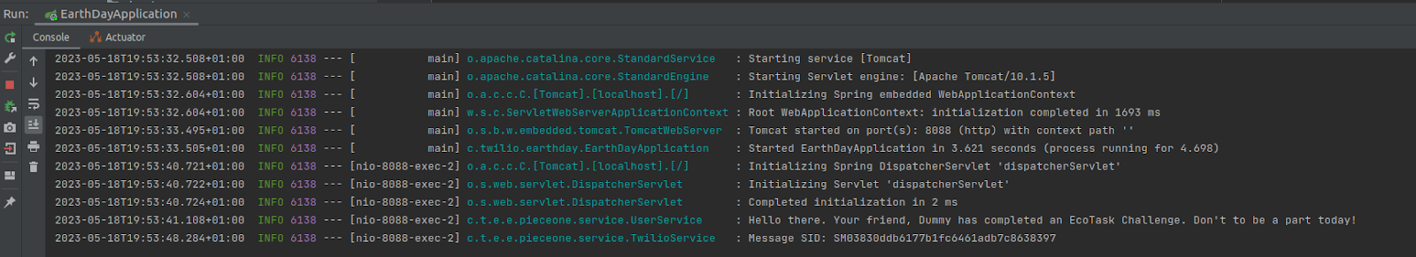 logged message with the message SID in the IDE console